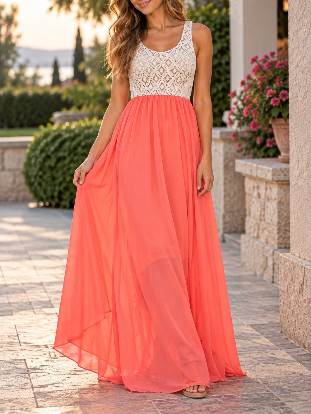 Cantata Coral Maxi Dress Ivory Crochet Lace Bodice Size Small